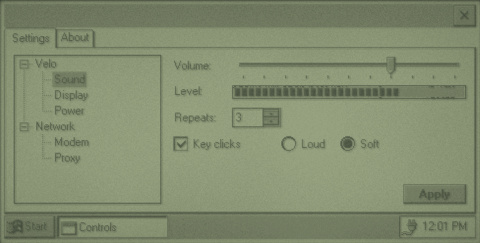 Controls example on CE 1.0: Settings and About tabs; a tree of Velo and Network settings on the left; a volume trackbar, a level progress bar, a repeats box with arrows, a Key clicks check box, Loud and Soft radio buttons and an Apply button