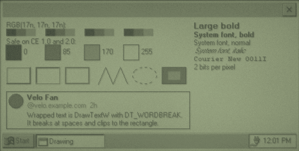Drawing example on CE 1.0: a sixteen-step grey ramp that repeats black, dark grey, light grey, white four times; four safe greys; fonts including a badly drawn italic; edges, a zigzag, a dashed ellipse, an inverted rectangle; a post card; 2 bits per pixel