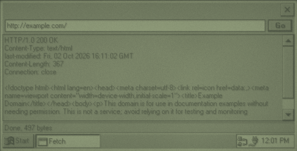 Fetch example on CE 1.0: an address box with http://example.com/ and a Go button, the HTTP response headers and HTML below, and Done, 497 bytes in the status bar