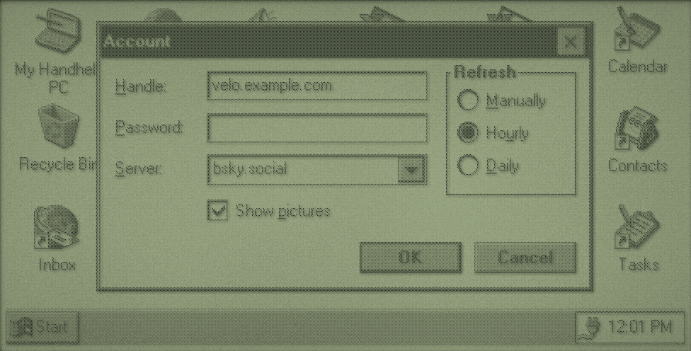 Account dialog on CE 1.0: handle, password and server fields, a Show pictures check box, a Refresh group of three radio buttons, and OK and Cancel