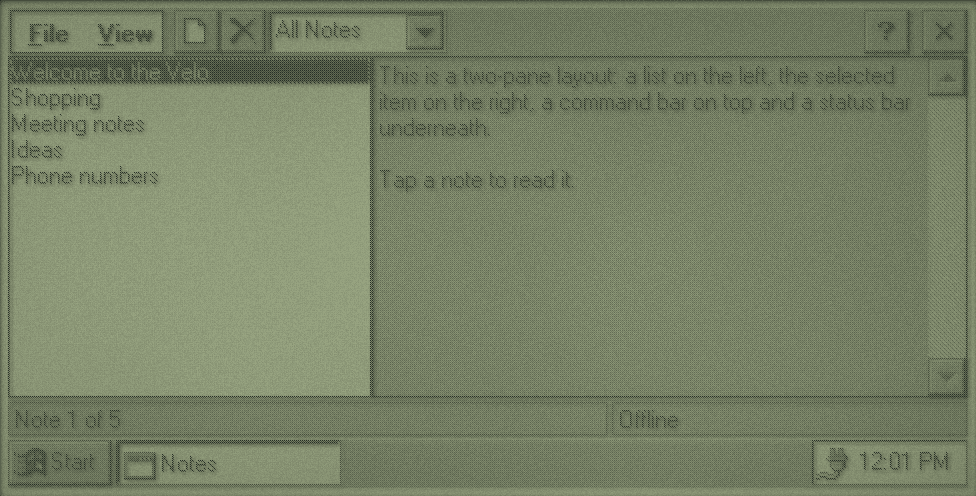 Notes example on CE 1.0: command bar with File and View menus, two toolbar buttons and a folder drop-down; a list of notes on the left, the selected note on the right, and a status bar