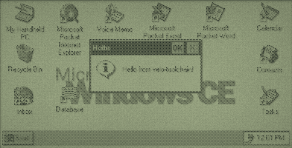 A message box saying Hello from velo-toolchain on the CE 1.0 desktop