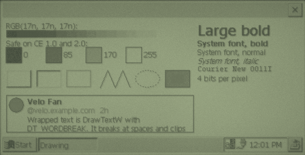 Drawing example on CE 2.0: a smooth sixteen-step grey ramp, the same shapes and card, 4 bits per pixel