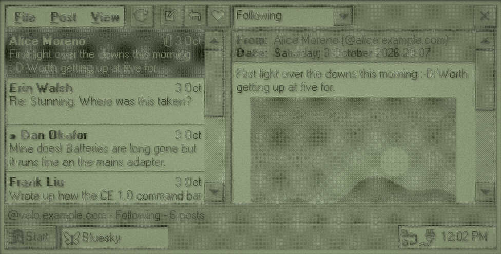 velo-bluesky on CE 1.0: a timeline of posts on the left, a post with a dithered picture on the right, a feed drop-down on the command bar